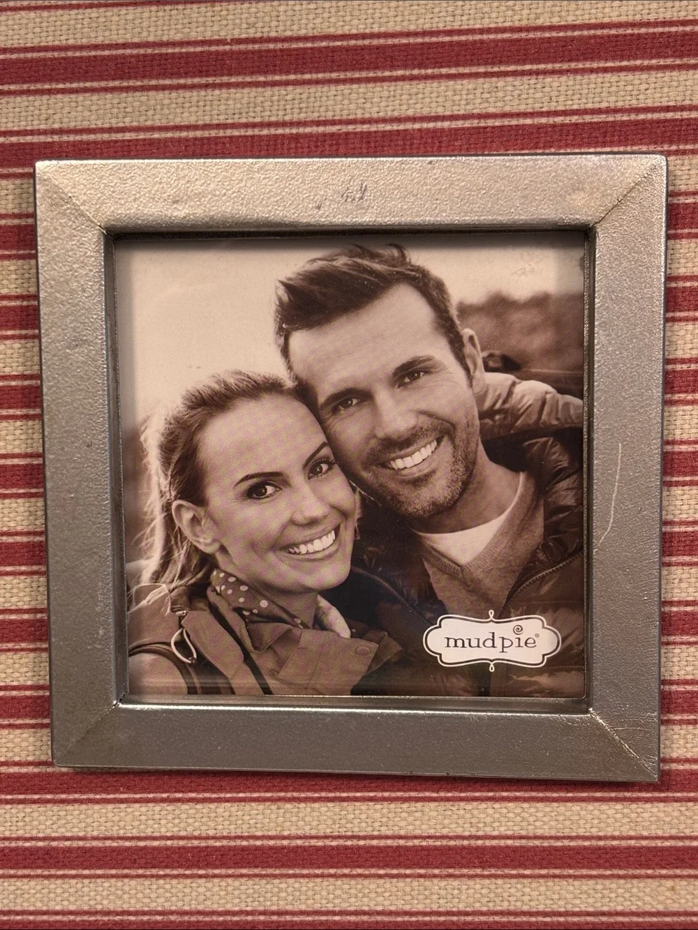 NWT Mud Pie Ticking Stripe Square Photo Frame-Rustic Farmhouse; Red & Cream